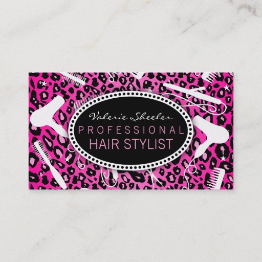 Customizable Pink Leopard Print Hair Salon Tools (Custom) Business Cards