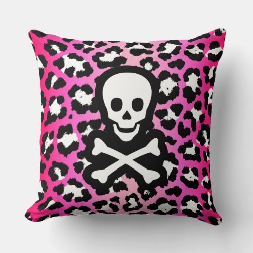 Pink Leopard Print Jolly Roger Pirate Throw Pillow