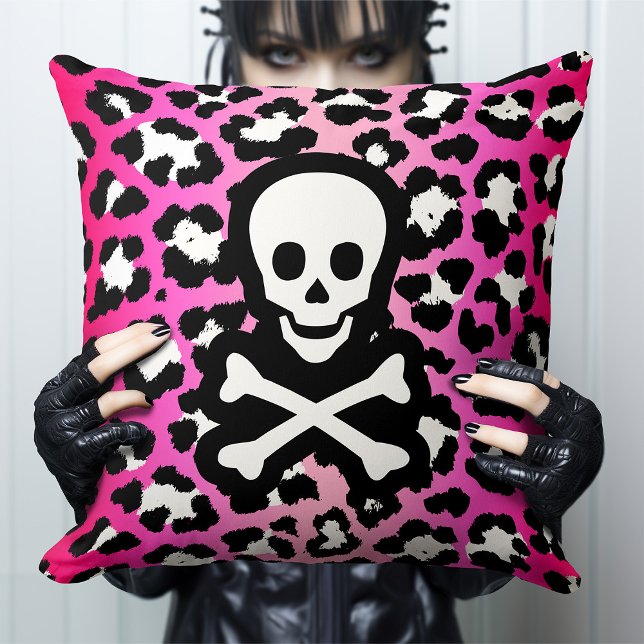 Pink Leopard Print Jolly Roger Pirate Throw Pillow (Creator Uploaded)
