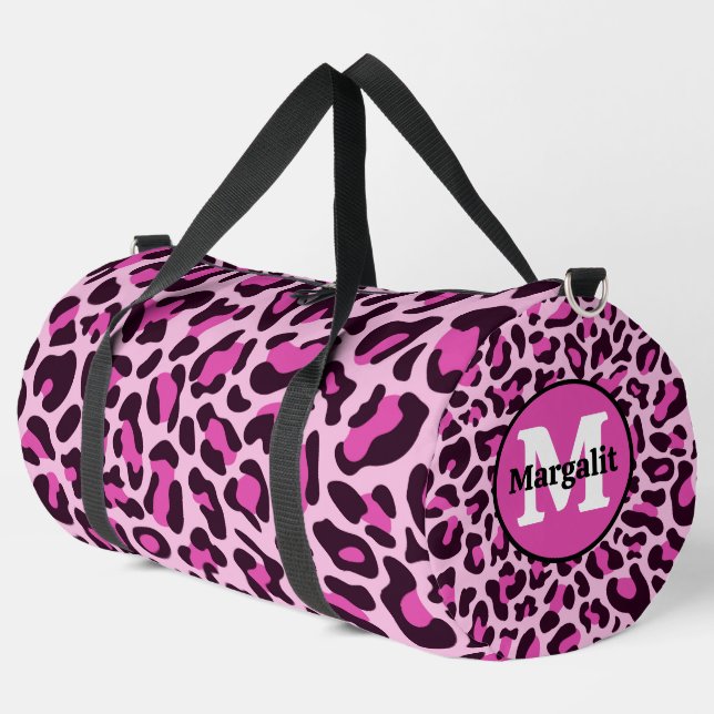Pink Leopard Print Monogram Large Duffel Bag (Left Corner)