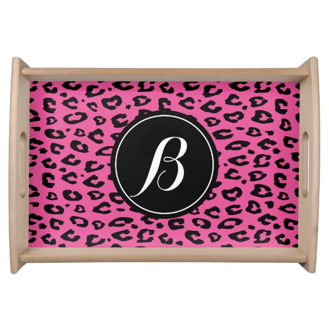 Pink leopard print monogram serving tray (Front)