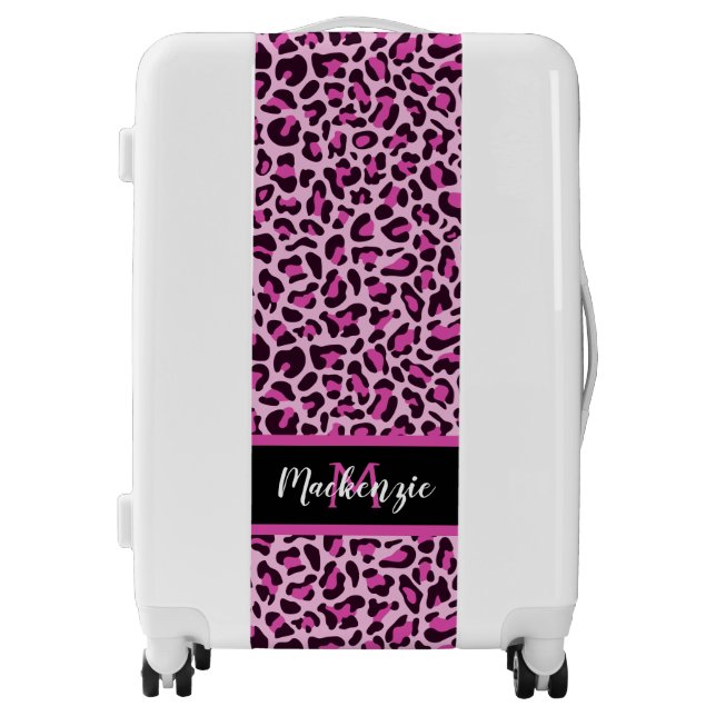 Pink Leopard Print Monogram Travel Girly Suitcase (Front)