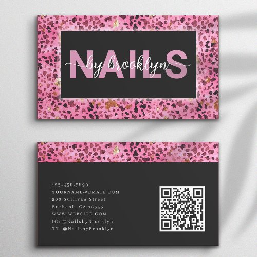 Pink Leopard Print Nails By QR Code Nail Tech Business Card