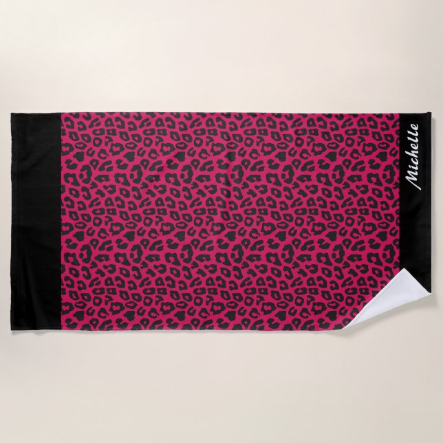 pink Leopard Print Personalized  Beach Towel (Front)