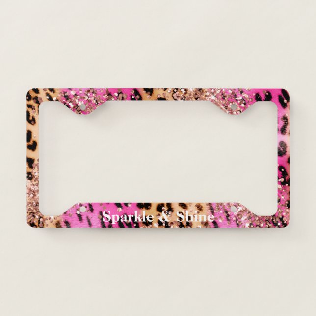 Pink Leopard Print Rose Gold Glitzy Glitter  License Plate Frame (Front)