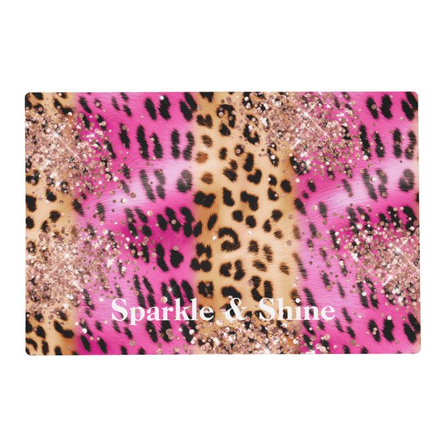 Pink Leopard Print Rose Gold Glitzy Glitter  Placemat (Front)