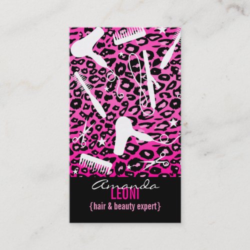 Pink Leopard Print Salon Tools (Custom) Vertical Business Card Template