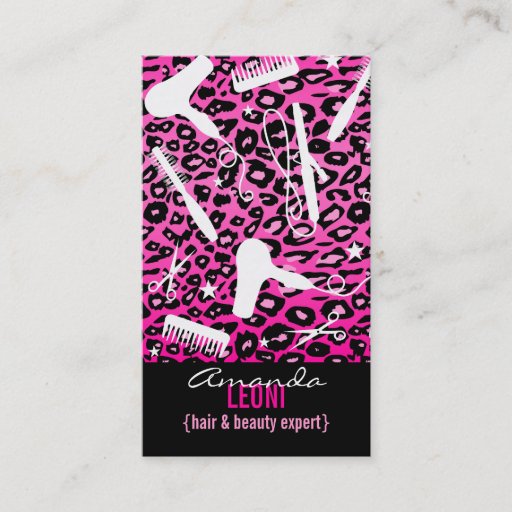 Customizable Pink Leopard Print Salon Tools (Custom) Vertical Business Card Template