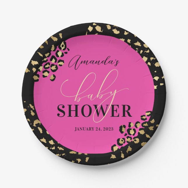 Pink Leopard Print Shower Paper Plates (Front)