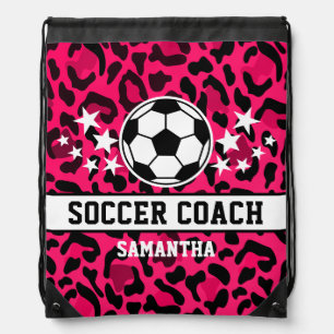 Pink Leopard Print Soccer Coach Name Drawstring Bag