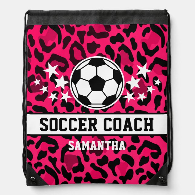 Pink Leopard Print Soccer Coach Name  Drawstring Bag (Front)