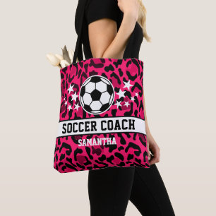 Pink Leopard Print Soccer Coach Name  Tote Bag