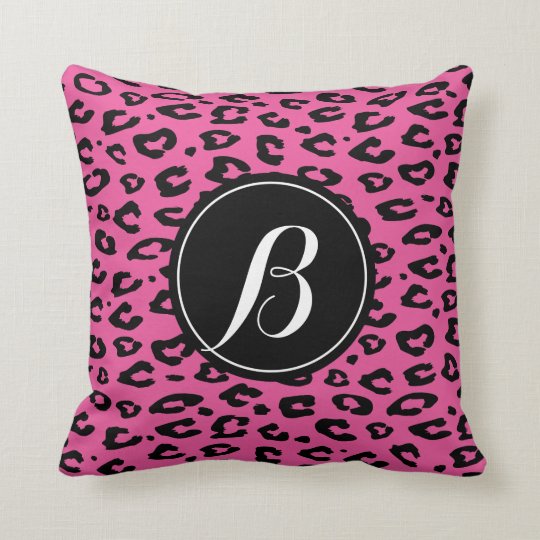 Pink leopard print throw pillow with monogram