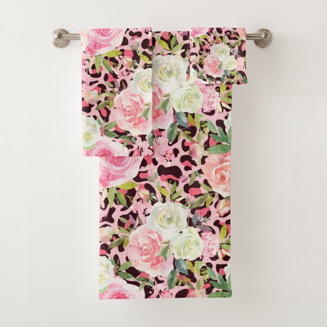 Pink Leopard Print Watercolor Floral Bath Towel Set (Insitu)