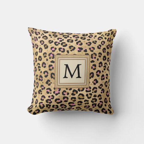 Pink Leopard Print Wild Safari Animal Monogram Throw Pillow