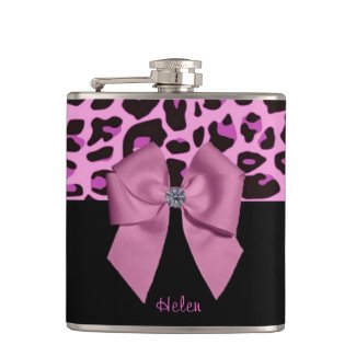Pink Leopard Print with Bow Hip Flask