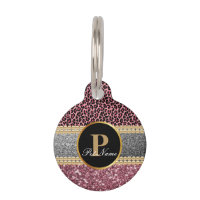 Pink Leopard Print With Glitter Gold Perl Name Tag