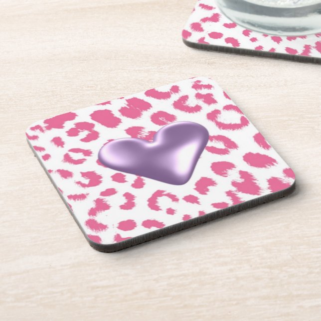 Pink Leopard Print With Heart Design Beverage Coaster (Left Side)