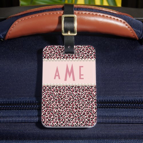 Pink Leopard Print With Pearls Monogrammed  Luggage Tag