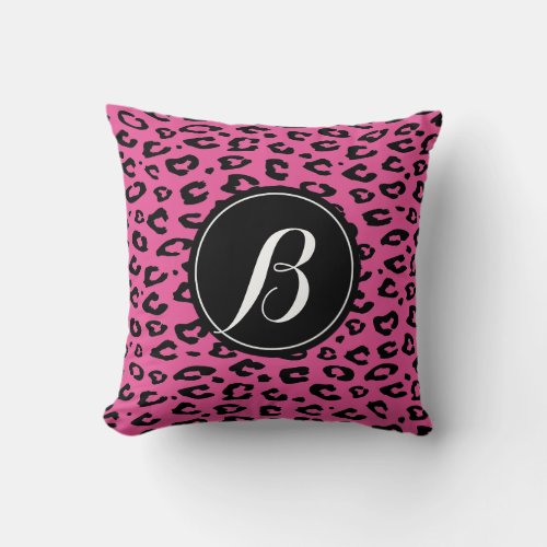 Pink leopard print zip throw pillow with monogram