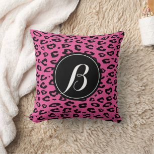 Pink leopard print zip throw pillow with monogram