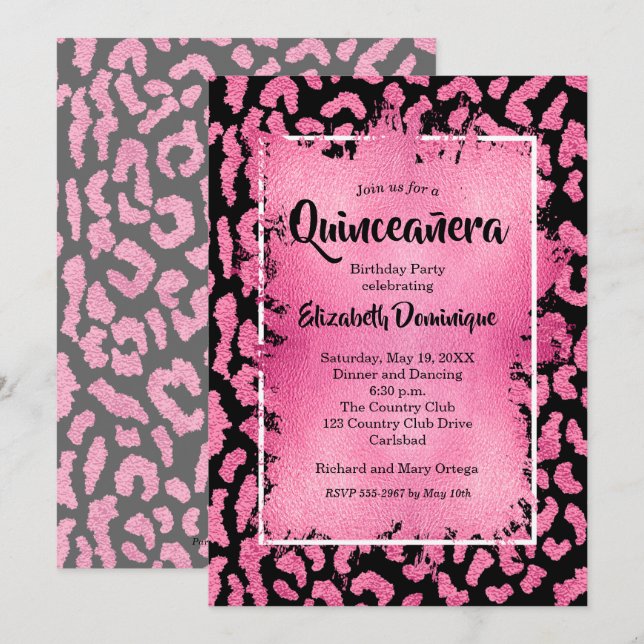 Pink Leopard Quinceañera Birthday Party Invitation (Front/Back)