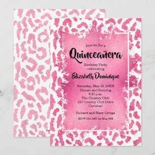 Pink Leopard Quinceañera Birthday Party Invitation