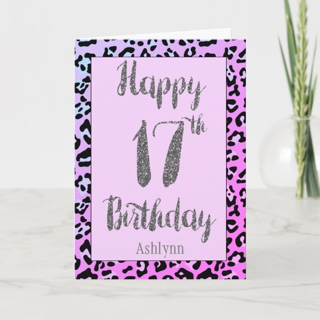 Pink Leopard Silver Glitter 17th Birthday Card (Front)