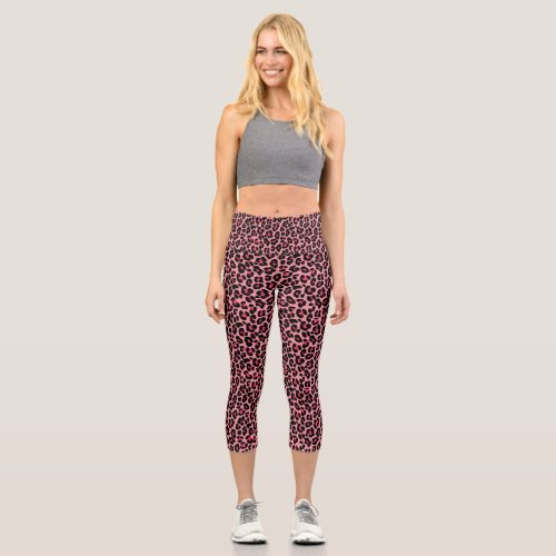 Pink Leopard Skin Print Exotic Animal Capri Leggings