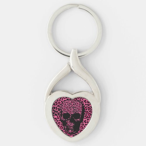 Pink leopard skin print punk skull keychain