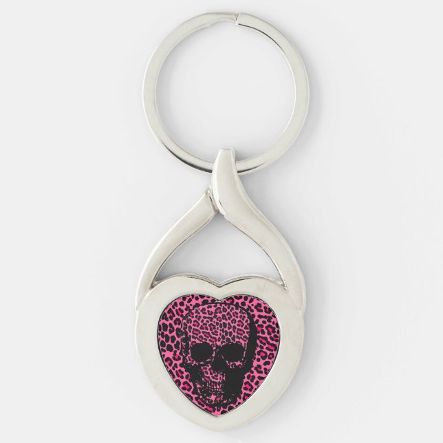 Pink leopard skin print punk skull keychain (Front)