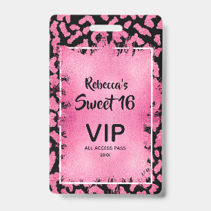 Pink Leopard Sweet 16th Birthday Invite VIP Pass Badge