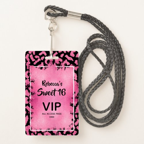 Pink Leopard Sweet 16th Birthday Invite VIP Pass Badge