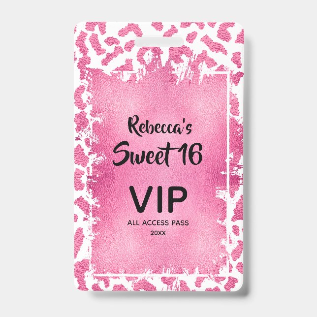 Pink Leopard Sweet 16th Birthday Invite VIP Pass Badge (Front)