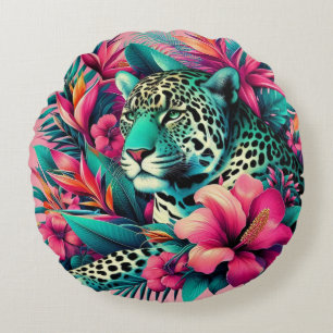 Pink Leopard Tropical Art Round Pillow
