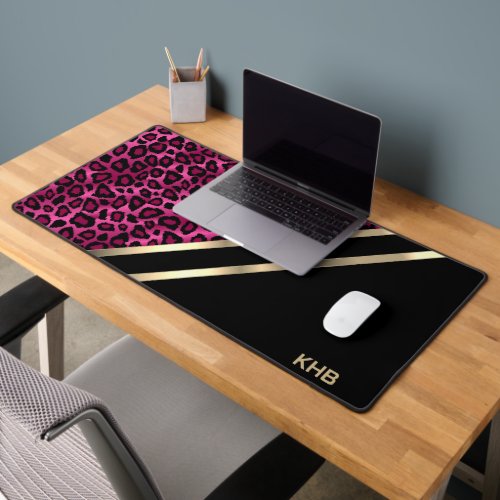 Pink Leopard with Gold  Black _ Monogram Desk Mat