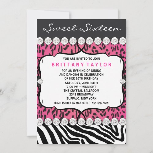 Pink Leopard Zebra Sweet 16 Party Custom Invitation