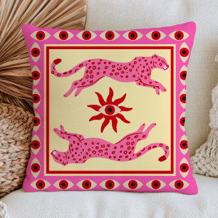 Pink Leopards& Evil Eyes Dopamine Aesthetic Funky Throw Pillow