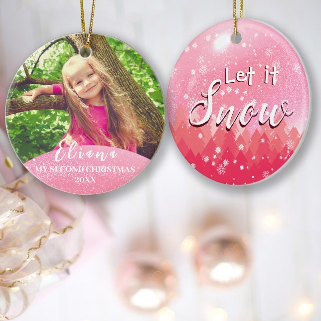 Pink Let it Snow Baby 2nd Christmas Custom Photo Ceramic Ornament (Creator Uploaded)