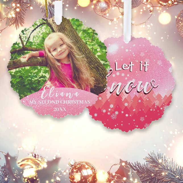 Pink Let it Snow Baby 2nd Christmas Custom Photo Ornament Card (Creator Uploaded)