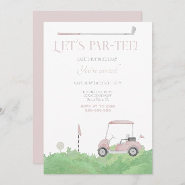 Pink let’s par tee Golf Birthday Invitation (Front/Back)