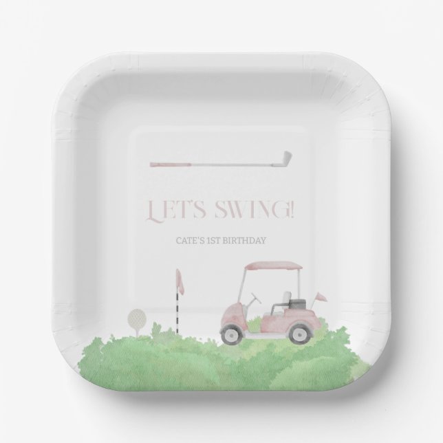 Pink let’s par tee Golf Birthday  Paper Plates (Front)