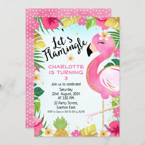 Pink Lets Flamingle Floral Foliage Birthday Invitation