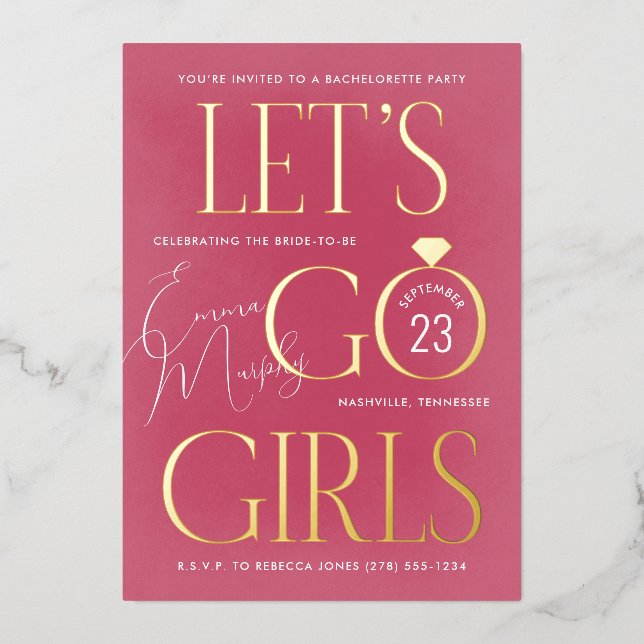 Pink Lets Go Girls Bachelorette Party Foil Invitation (Front)
