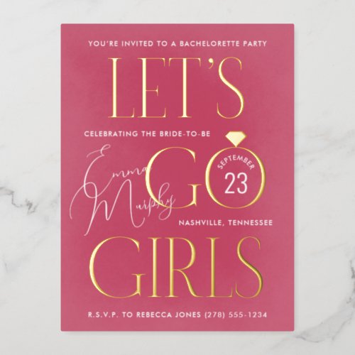 Pink Lets Go Girls Bachelorette Party Foil Invitation Postcard