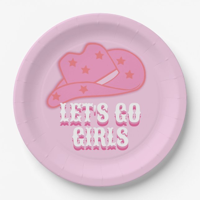 Pink Let's Go Girls Cowboy Hat Rodeo Paper Plates (Front)