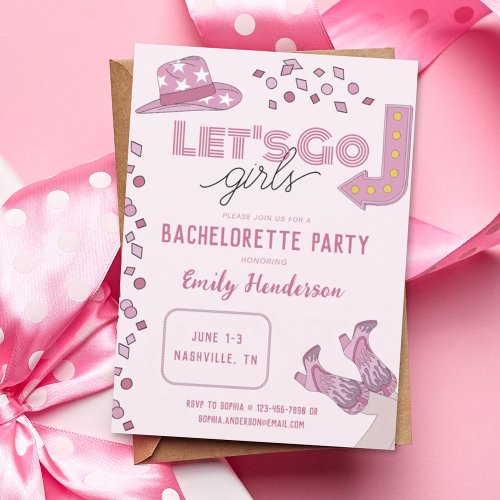 Pink Lets Go Girls Nashville Bachelorette Party Invitation
