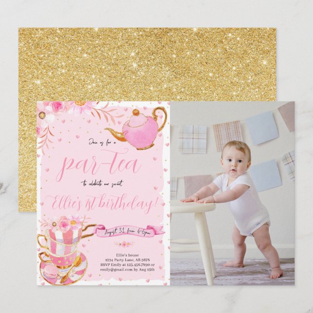 Pink Let's Par-tea Tea Birthday Party Photo Invitation (Front/Back)