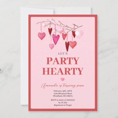 Pink Lets Party Hearty Valentine Balloon Birthday Invitation