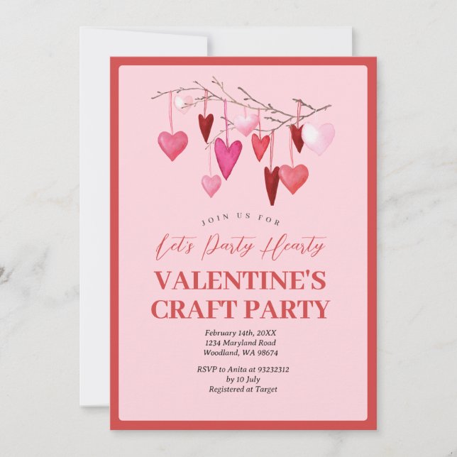 Pink Let's Party Hearty Valentine Craft Party Invitation (Front)